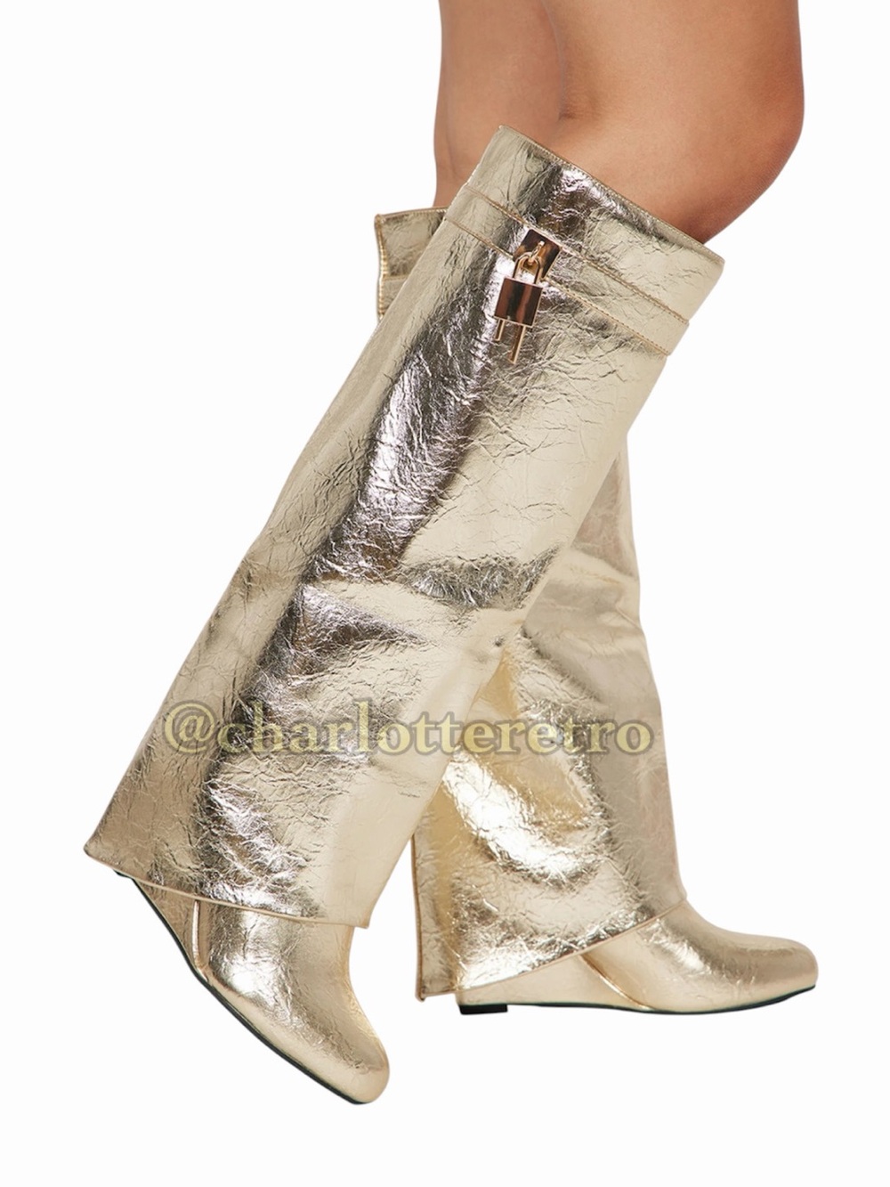 Metallic Gold Vegan Leather Overlay Knee Boots